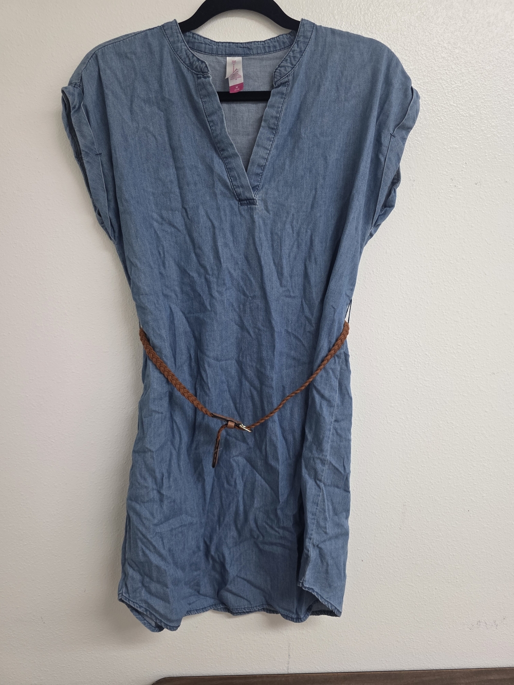 No Boundaries Light Blue Denim V-Neck Midi Dress with Braided Belt (0721)